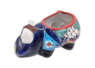 Mexican Talavera Resting Cow Planter Pot Hand Painted - Dark Blue Body Color